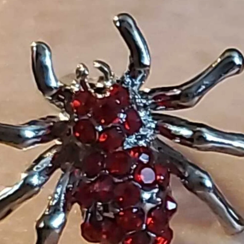 NWT Silver Plated Spider Cufflinks - Bright Red Rhinestones Halloween Gift Goth